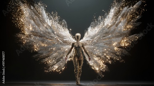 Woman with glowing wings made of stardust. Divine creature standing in dark space. Fantasy character shining with golden light. Surreal ethereal being representing magic and celestial power.