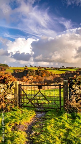 A rustic gate opens to a vibrant, sunlit field beyond a stone wall. A dirt path leads to a colorful landscape under a bright sky