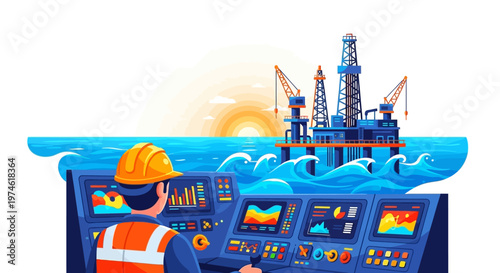Offshore oil rig operator monitoring control panel at sea.