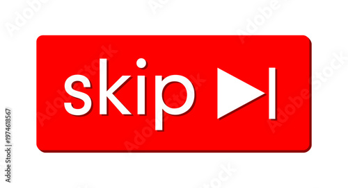 Red skip forward button isolated on white background. 3D style red skip button with white text and play next icon, modern digital interface design element.