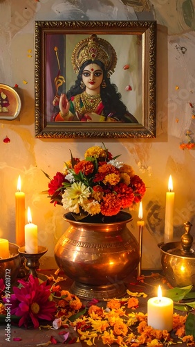 A serene scene with a framed portrait, flowers, and candles