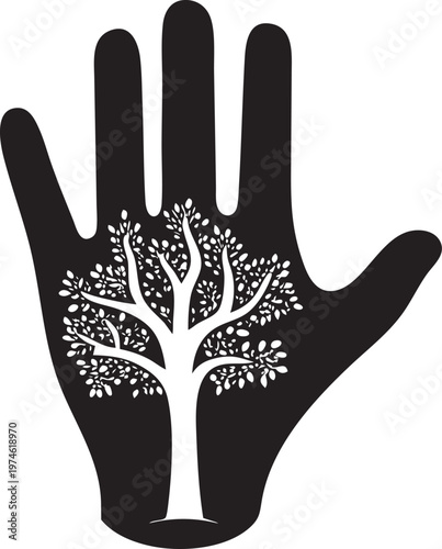 Hand Silhouette with Tree of Life Inside Nature Symbolism Minimalist Graphic Design Isolated on White
