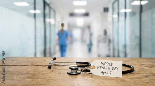 World health day tag with stethoscope on rustic wooden table symbolizing global healthcare and professional medical service in modern hospital environment