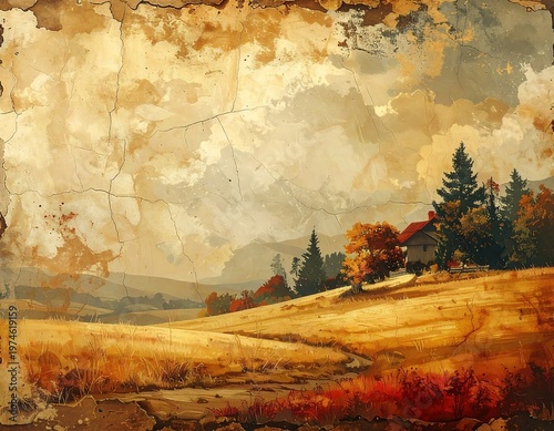 A rustic illustration displays a golden field with winding path towards a quaint house and fall colored trees under cloudy skies