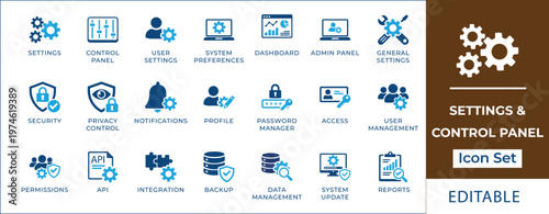Settings and control panel icon set featuring system configuration, user management, API settings, dashboard control, security shield, database protection, and admin panel symbols.