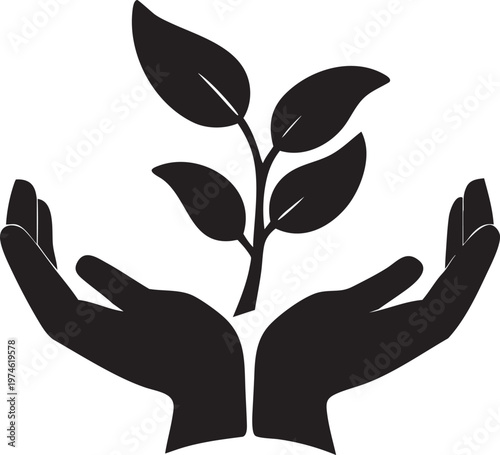Hands Cupping Young Plant Sprouts Symbolizing Growth and Nurturing Minimalist Iconography
