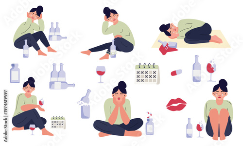 Set of female alcoholism concept illustrations, woman suffering from alcohol addiction, depression, mental health problems, drinking behavior, flat vector collection isolated on white background