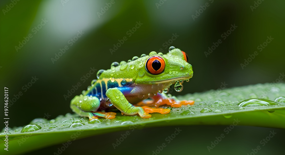 Obraz premium Vibrant Red-Eyed Tree Frog on Green Leaf with Water Droplets - Realistic Tropical Rainforest Wildlife Illustration