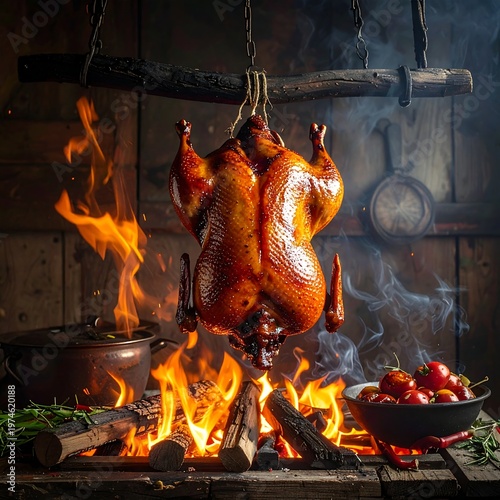 A roasted fowl hangs above an open fire, flames licking its surface. Wooden logs support the flames, and side dishes sit nearby