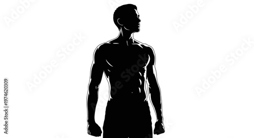 Silhouette of a muscular man with defined abs, looking to the side, isolated on white background.