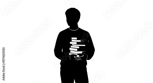 Silhouette of a person holding a stack of books against a white background