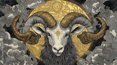 Aries zodiac sign ram head in alchemy style. Golden sun disk with celestial symbols and swirling clouds. Astrological ram illustration