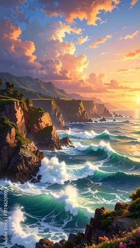 A serene seascape at sunset with rugged cliffs and vibrant sky