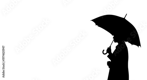 Silhouette of a person holding an umbrella against a white background