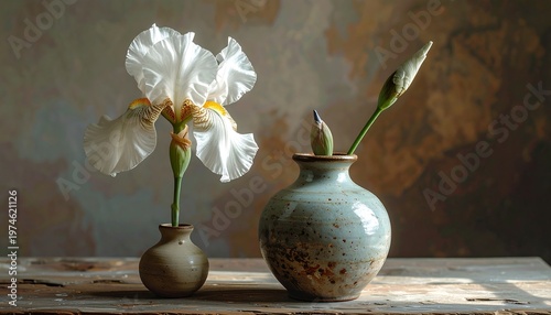 A serene still life of two vases with white flowers on a table