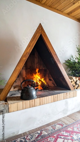 A rustic, modern fireplace, triangular wood-framed with a burning fire, a kettle, & stacked logs