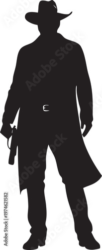 Silhouette Cowboy Holding Revolver Gun and Wearing Hat and Trench Coat Western Style Isolated on White Background