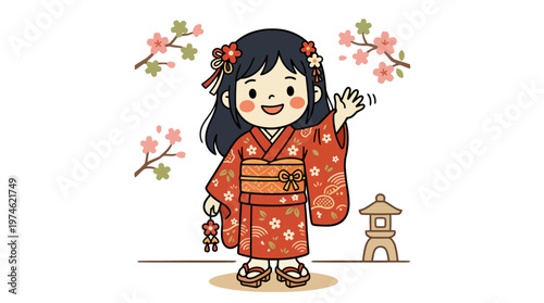 Vibrant illustration of a cheerful Japanese girl in a traditional red kimono, happily waving hello under delicate cherry blossoms, embodying Asian cultural charm