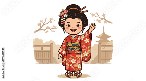 Cute Japanese Girl in Kimono Waving Hello, Traditional Attire with Cherry Blossoms and Pagoda