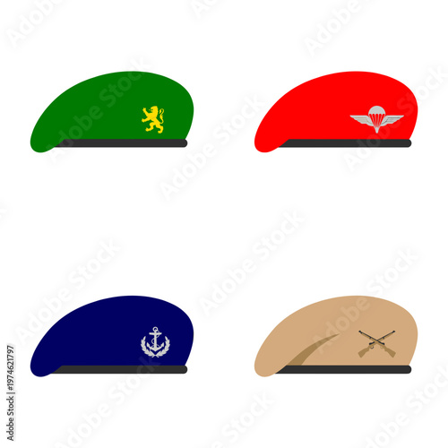 Four different colored berets, each with a unique insignia, representing various units or branches of service. The berets are displayed with a clean, flat design. 