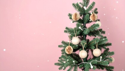 Festive green tree adorned with neutral ornaments and fairy lights stands against a soft pink background with faux snow