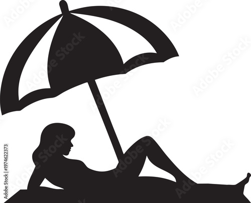 Woman Relaxing Under Beach Umbrella SilhouetteMinimalist Vector Art for Summer Leisure