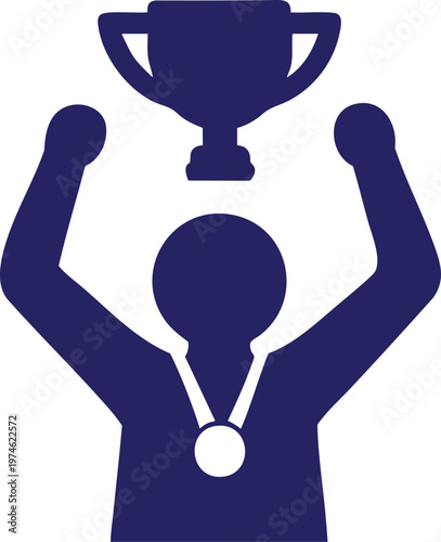 Silhouette Figure Celebrates Victory Holding Trophy and Medal Minimalist Flat Design