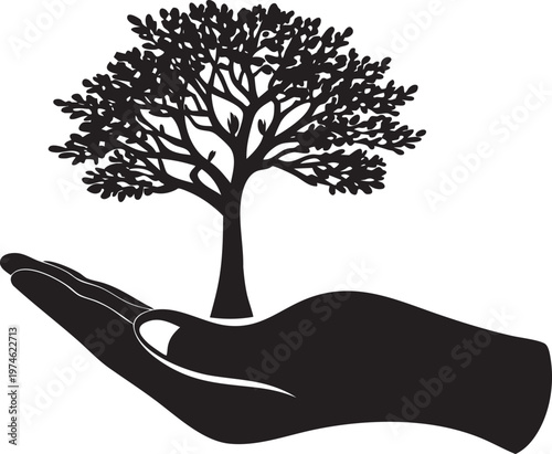 Silhouette Tree Growing from Open Hand Symbolizing Growth Nurturing and New Beginnings Clean Vector Style