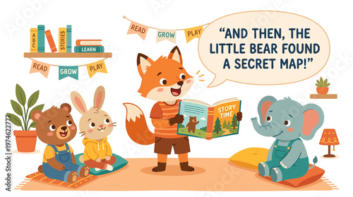 Cute Animals Reading Storybook Together, Education Concept