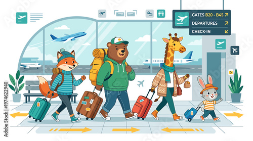 Cute animals traveling at airport with luggage, ready for vacation adventure