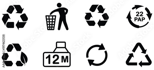 recycling set of universal packaging symbols, eco friendly trash icons, reuse cycle arrows, sustainability signs for labels, vector illustration collection for product packaging design.