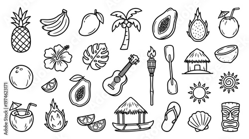 Tropical Hawaiian icons hand drawn outlined