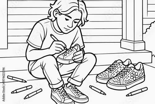 A teenager is sitting on a step and diligently drawing patterns on simple white sneakers with markers. Children's coloring book.