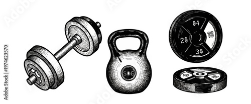 Fitness equipment illustration dumbbell kettlebell weight plates black background