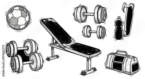 Fitness equipment illustration with dumbbells bench and accessories