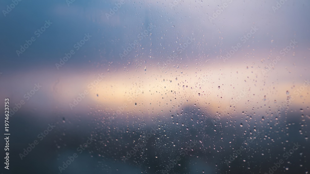 Obraz premium Raindrops On Window With Blurred Sunset Background. Capturing Tranquility And Reflection