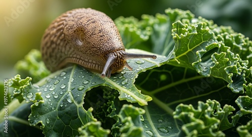 Snail Eating Kale Leaf Closeup.