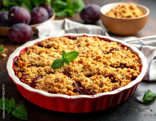 A rustic, red-rimmed baking dish holds a fresh-baked crumble dessert garnished with mint leaves. Nearby are plums and crumble topping