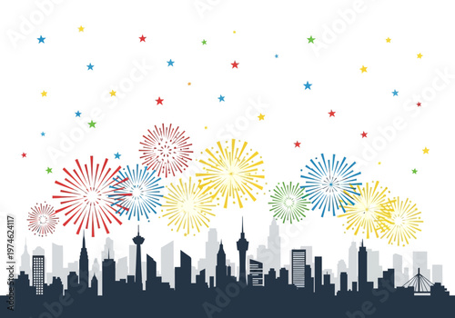 Fireworks explode over a city skyline at night creating colorful displays