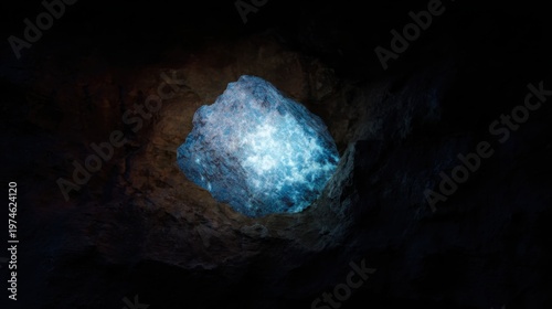 Glowing Blue Rock In Dark Cave Environment. Mysterious Mineral Emitting Light In Underground Setting