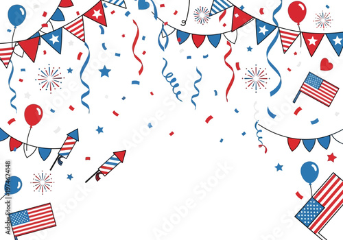 Vibrant patriotic celebration with flags, balloons, and confetti decorations
