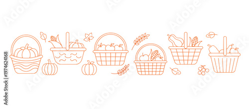 Autumn harvest market baskets line art border. Woven containers with pumpkins and fruits. Orange outline vector illustration isolated on transparent background