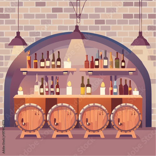 Cave à Vin Géométrique avec Tonneaux, Murs en Pierre et Lumière de Bougie
