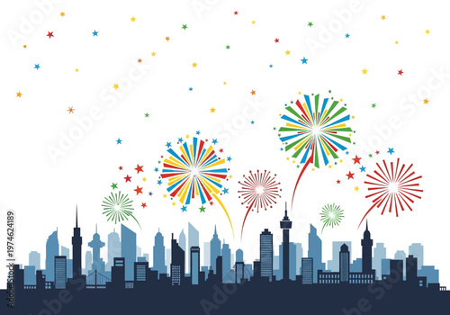 Fireworks explode over a cityscape at night with colorful lights and stars