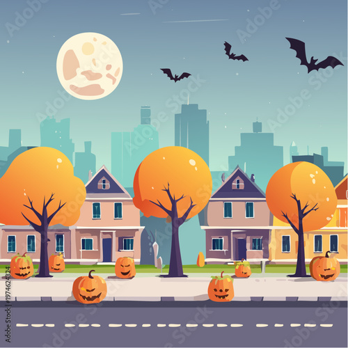 Nuit d'Halloween avec Citrouilles Sculptées, Arbres Inquiétants et Pleine Lune
