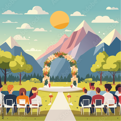 Cérémonie de Mariage en Plein Air avec Arche Fleurie et Montagnes Géométriques
