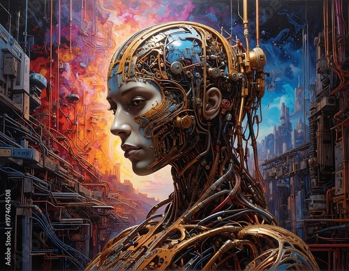 A robotic being, its face serene against a vibrant industrial backdrop. Metallic wiring and circuitry detail the body and head
