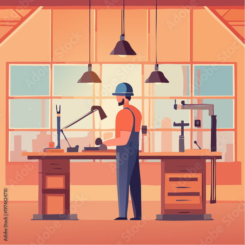 Atelier d'Artisan Géométrique avec Outils sur l'Établi et Lumière de Travail
