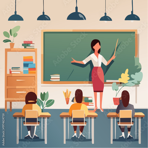 Salle de Classe Géométrique avec Enseignant au Tableau et Élèves en Silhouette
