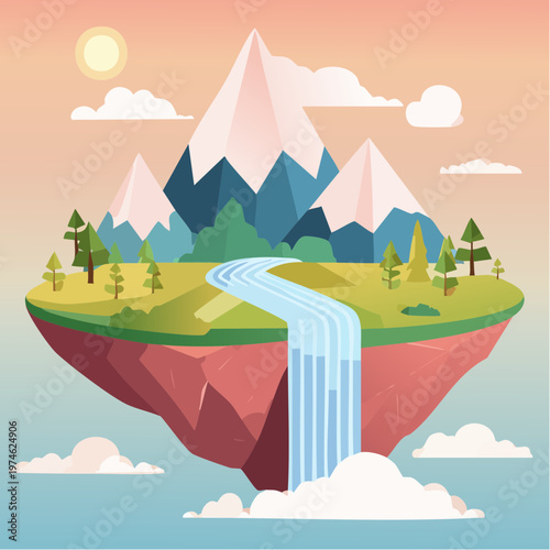 Îles Flottantes Géométriques avec Cascades et Nuages dans un Ciel Pastel
